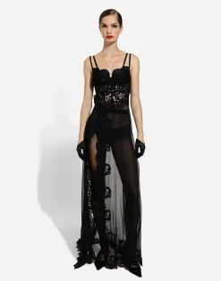 Long silk chiffon and Chantilly lace slip dress