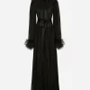 Long silk chiffon dress with ostrich feather details