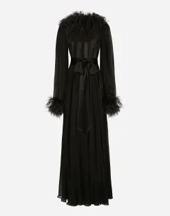 Long silk chiffon dress with ostrich feather details