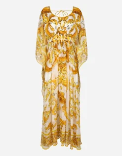 Long silk chiffon dress with majolica print