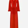 Long silk chiffon dress with bow detail