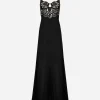 Long silk chiffon dress with lace body