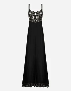 Long silk chiffon dress with lace body