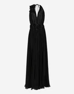 Long silk chiffon dress with floral appliqué
