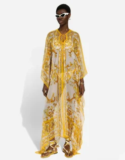 Long silk chiffon dress with majolica print