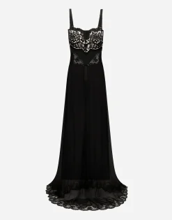 Long silk chiffon dress with lace body