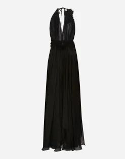 Long silk chiffon dress with floral appliqué