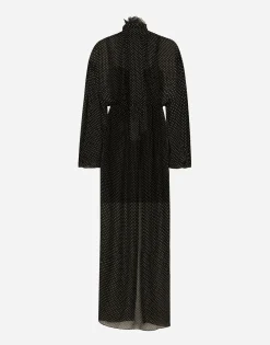 Long silk chiffon dress with polka-dot print, a pussy-bow detail and flower on neck