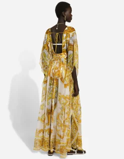 Long silk chiffon dress with majolica print