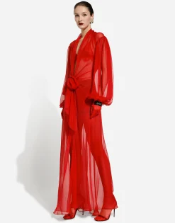 Long silk chiffon dress with bow detail