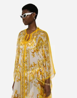 Long silk chiffon dress with majolica print