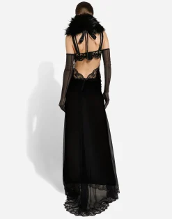 Long silk chiffon dress with lace body