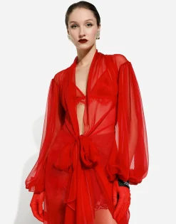 Long silk chiffon dress with bow detail