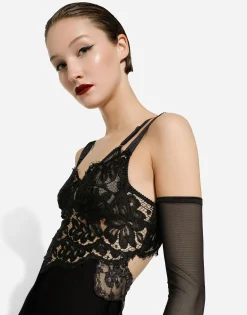 Long silk chiffon dress with lace body