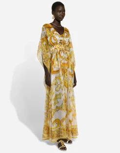 Long silk chiffon dress with majolica print