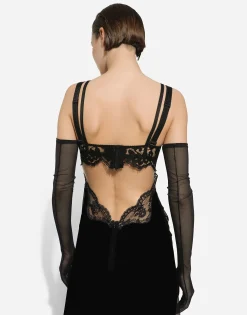 Long silk chiffon dress with lace body