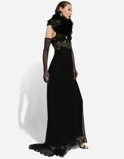 Long silk chiffon dress with lace body