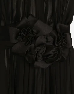 Long silk chiffon dress with floral appliqué