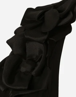 Long silk chiffon dress with floral appliqué