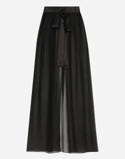 Long silk chiffon skirt with belt