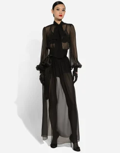 Long silk chiffon skirt with belt