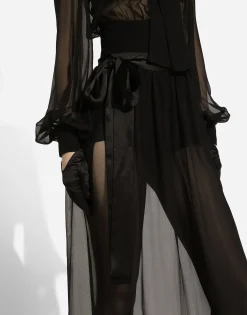 Long silk chiffon skirt with belt