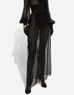 Long silk chiffon skirt with belt