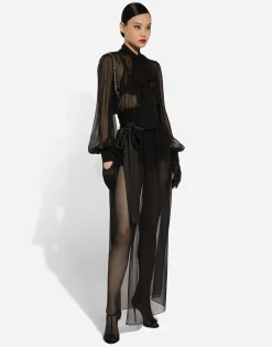 Long silk chiffon skirt with belt
