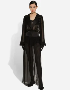Long silk chiffon tuxedo dress