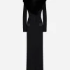 Long silk georgette coat with faux fur collar