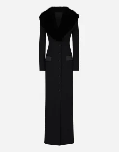 Long silk georgette coat with faux fur collar