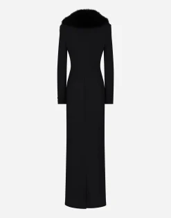 Long silk georgette coat with faux fur collar