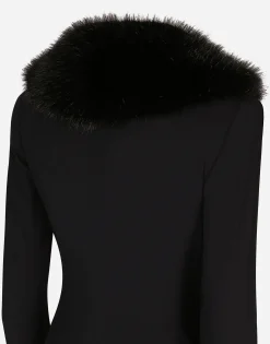 Long silk georgette coat with faux fur collar
