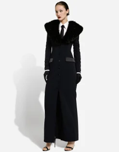 Long silk georgette coat with faux fur collar