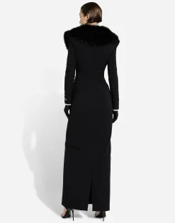 Long silk georgette coat with faux fur collar