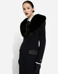 Long silk georgette coat with faux fur collar