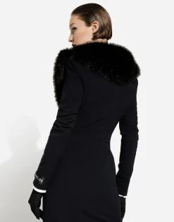 Long silk georgette coat with faux fur collar