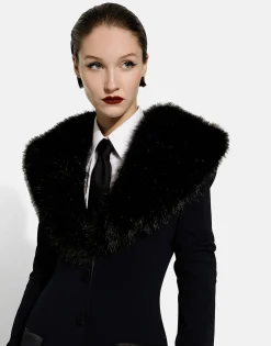 Long silk georgette coat with faux fur collar