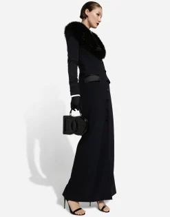 Long silk georgette coat with faux fur collar