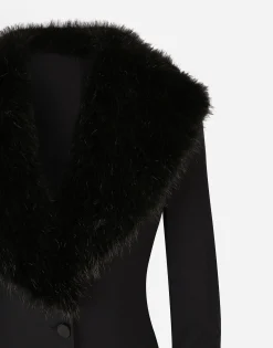 Long silk georgette coat with faux fur collar