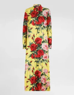Long silk satin caftan with bouquet print