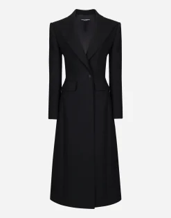 Long single-breasted wool cady coat