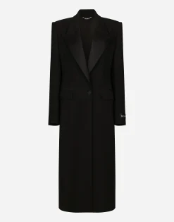 Long single-breasted wool tuxedo coat