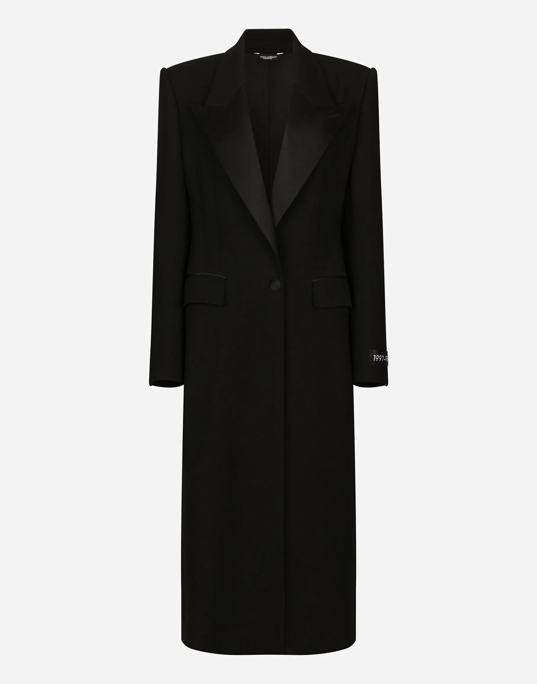 Long single-breasted wool tuxedo coat