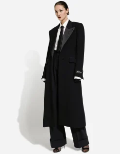 Long single-breasted wool tuxedo coat
