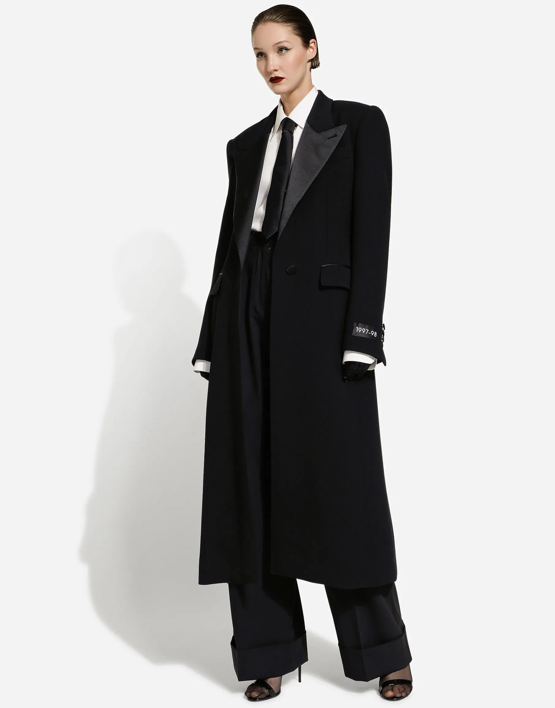 Long single-breasted wool tuxedo coat