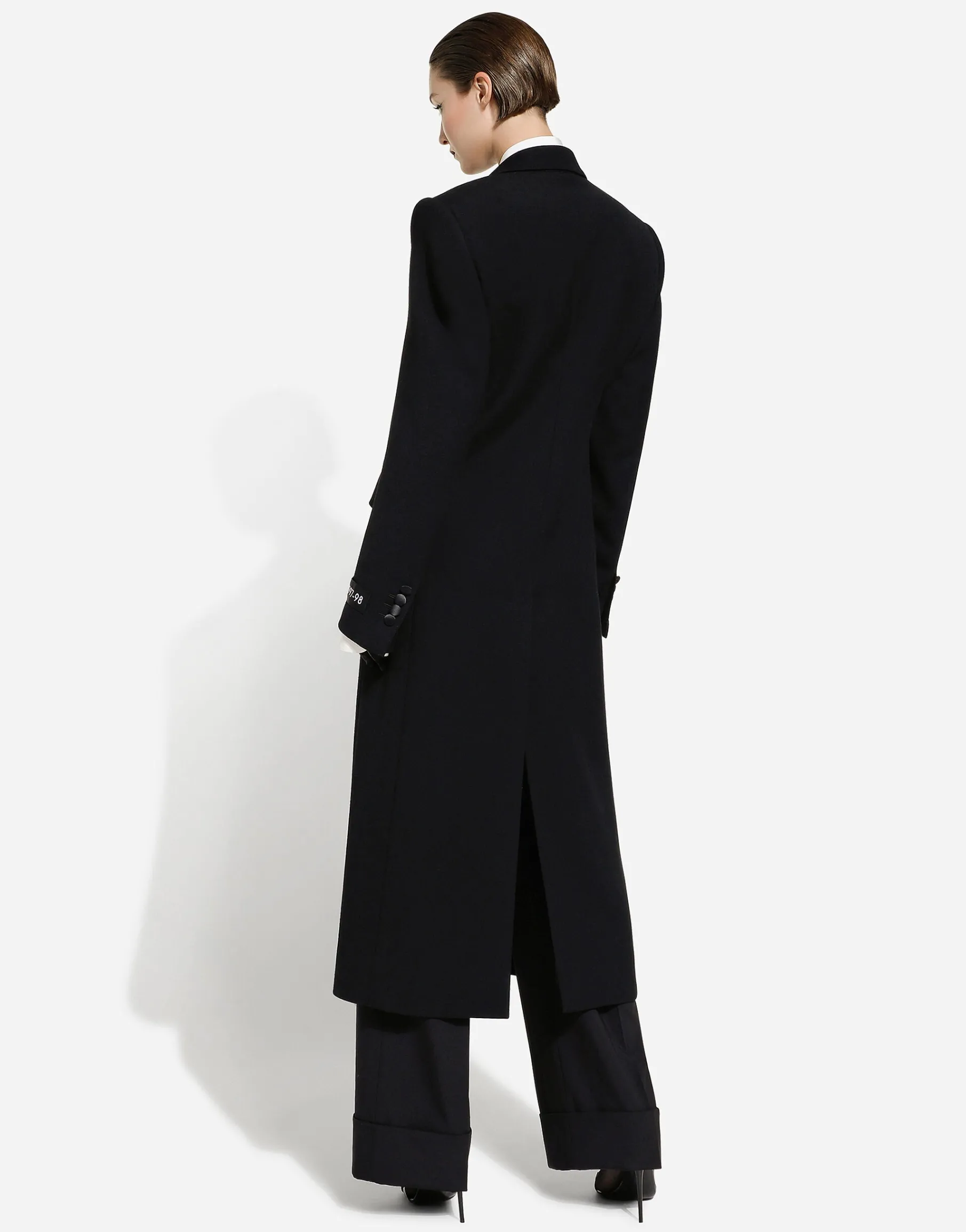 Long single-breasted wool tuxedo coat