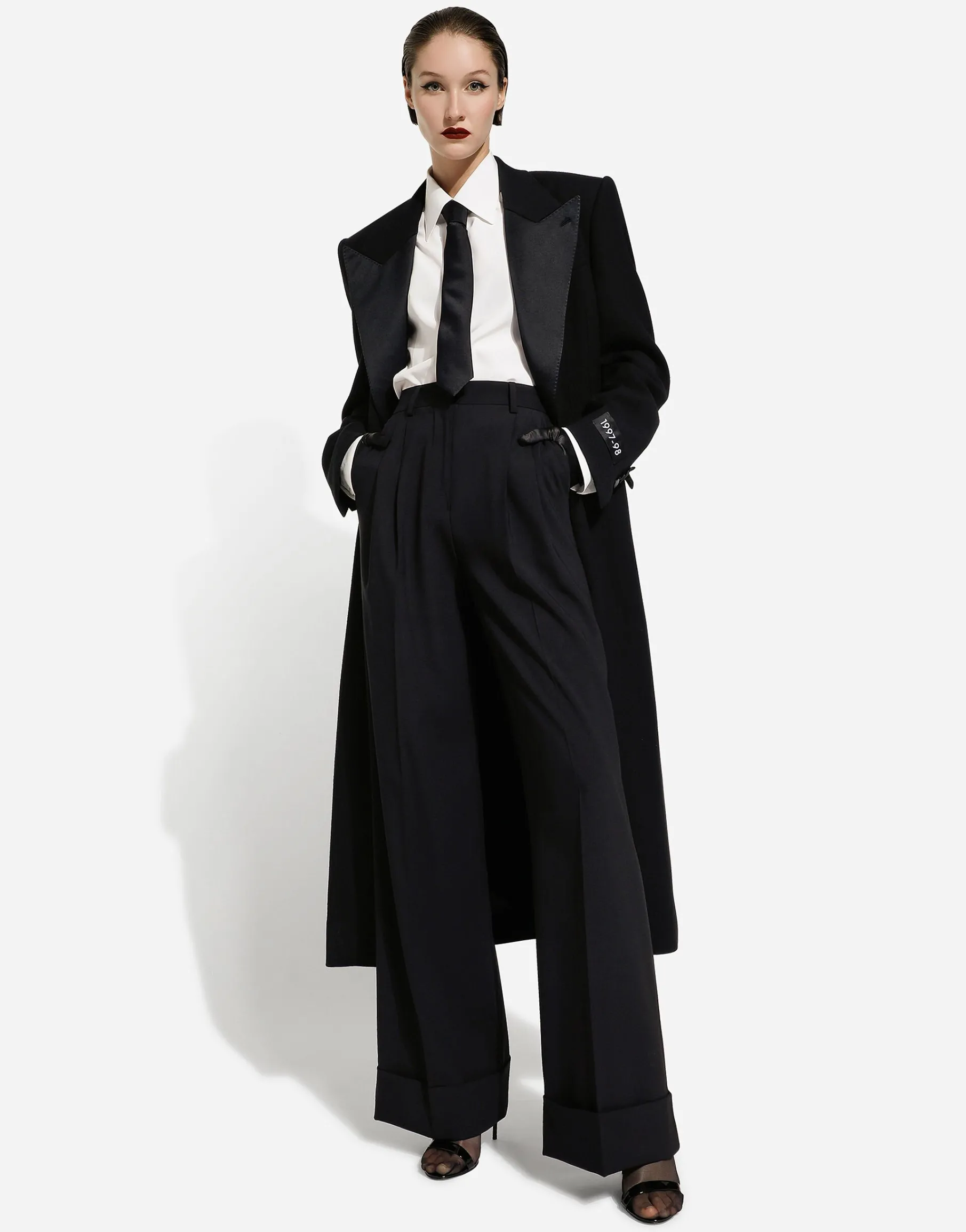 Long single-breasted wool tuxedo coat