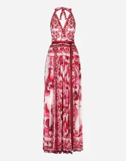 Long sleeveless chiffon dress with Majolica print