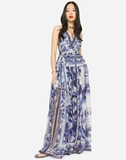 Long sleeveless chiffon dress with majolica print